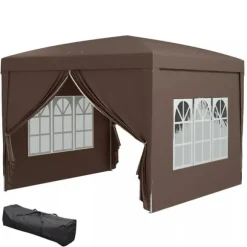 Outsunny Pop-up Pavillon 3x3m - Vandafvisende, Vinterfast, UV50+, Kaffe Polyester, m. 4 Sidepaneler