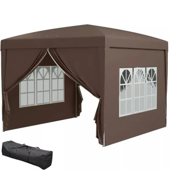 Outsunny Pop-up Pavillon 3x3m - Vandafvisende, Vinterfast, UV50+, Kaffe Polyester, m. 4 Sidepaneler