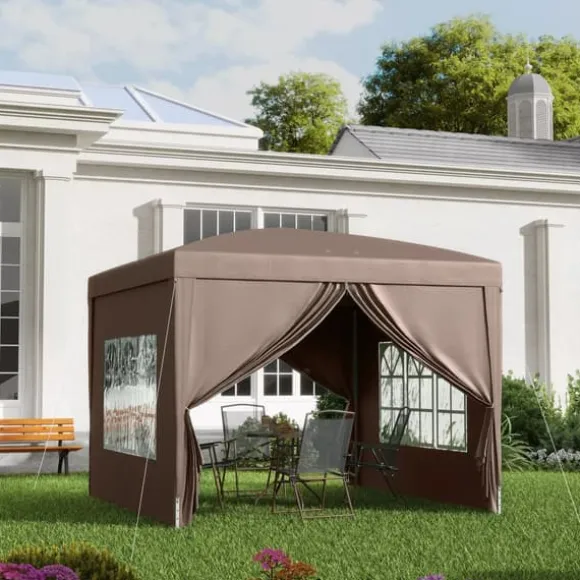 Outsunny Pop-up Pavillon 3x3m - Vandafvisende, Vinterfast, UV50+, Kaffe Polyester, m. 4 Sidepaneler