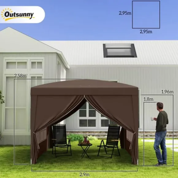 Outsunny Pop-up Pavillon 3x3m - Vandafvisende, Vinterfast, UV50+, Kaffe Polyester, m. 4 Sidepaneler