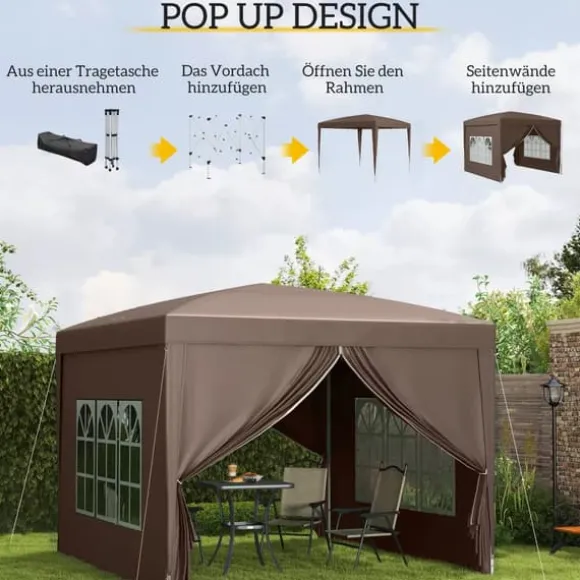 Outsunny Pop-up Pavillon 3x3m - Vandafvisende, Vinterfast, UV50+, Kaffe Polyester, m. 4 Sidepaneler