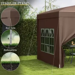 Outsunny Pop-up Pavillon 3x3m - Vandafvisende, Vinterfast, UV50+, Kaffe Polyester, m. 4 Sidepaneler