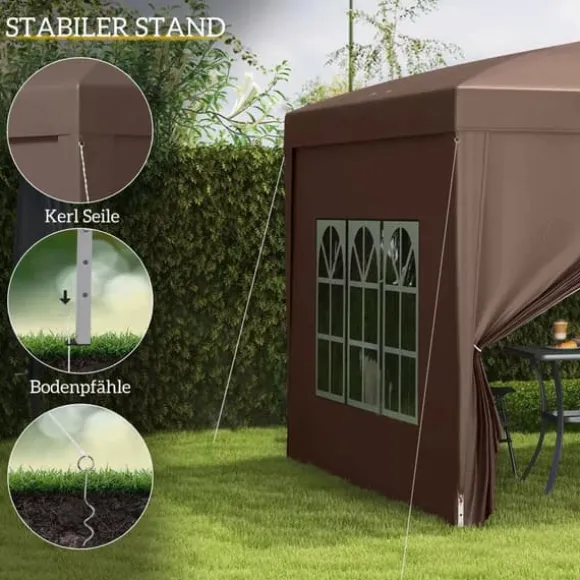 Outsunny Pop-up Pavillon 3x3m - Vandafvisende, Vinterfast, UV50+, Kaffe Polyester, m. 4 Sidepaneler