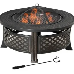 Outsunny rund bålsted med grill, gnistfang, bålkurv, ildtang og betræk, stål/sort, 81x81x50cm