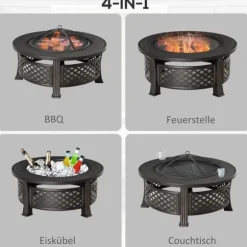 Outsunny rund bålsted med grill, gnistfang, bålkurv, ildtang og betræk, stål/sort, 81x81x50cm