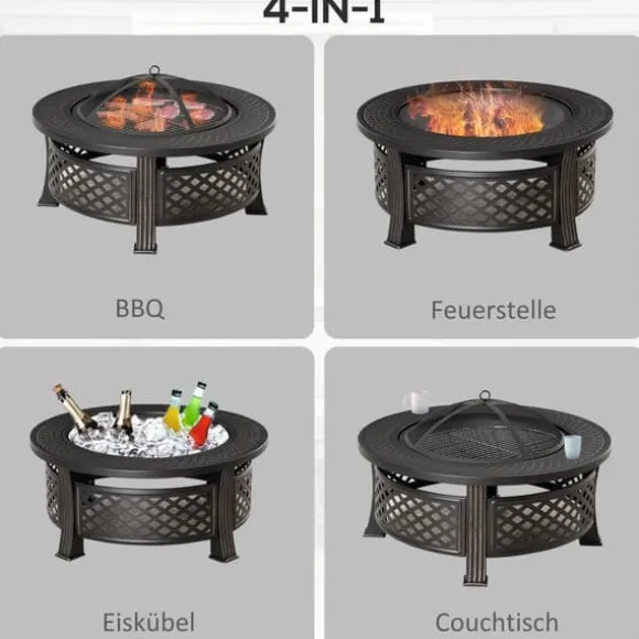 Outsunny rund bålsted med grill, gnistfang, bålkurv, ildtang og betræk, stål/sort, 81x81x50cm