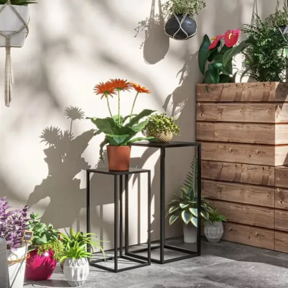 Outsunny Sæt med 2 Plantestativer i Sort Stål - Stilfulde Blomsterstativer til Indendørs og Udendørs Brug