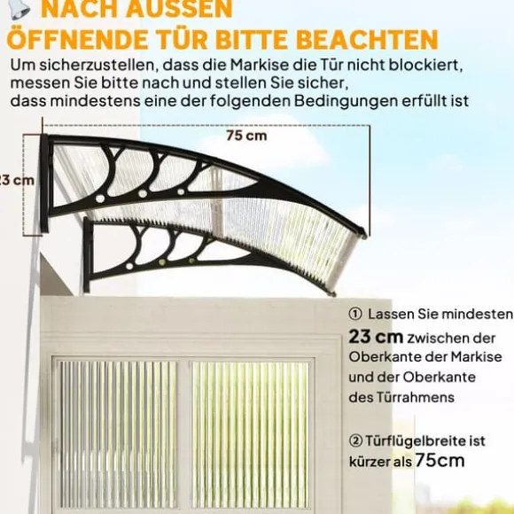 Outsunny Vordach til hoveddør, terrasseoverdækning, skråtag af polycarbonat, gennemsigtig, 75x100cm