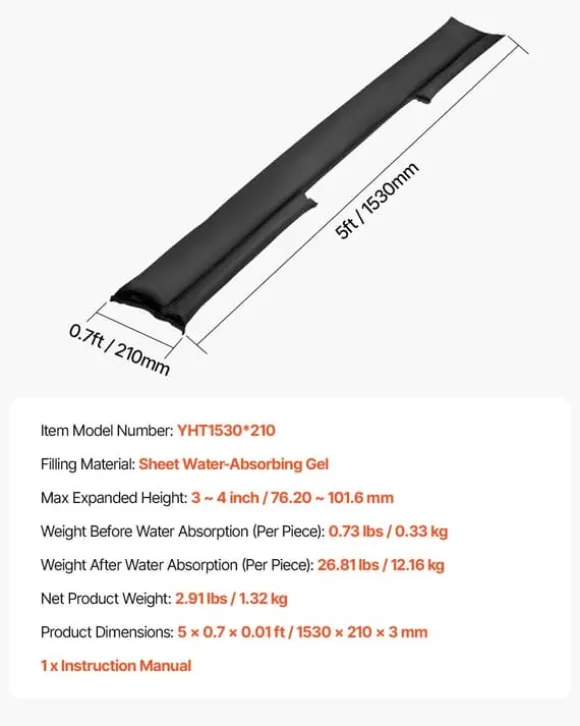Oversvømmelsesspærre - Vandaktiverede sandfri sandsække 4-pak - 153 x 21 cm - Genanvendelig - Vandabsorberende barriere - Til dør, kælder, garage