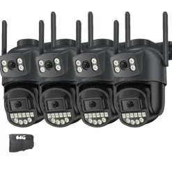 Overvågningskamera, Dobbelt Linse, Nattesyn,4PCs CAM 64G kort, EU stik