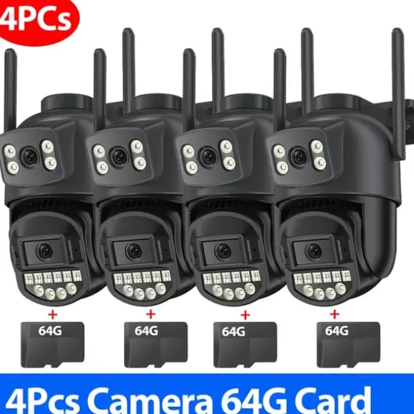 Overvågningskamera, Dobbelt Linse, Nattesyn,4PCs CAM 64G kort, EU stik