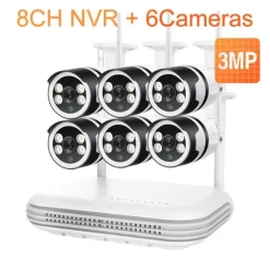 Overvågningskamera System, 5MP Opløsning, To-vejs Lyd,8CH og 6stk 3MP Kamera, EU Stik, Ingen