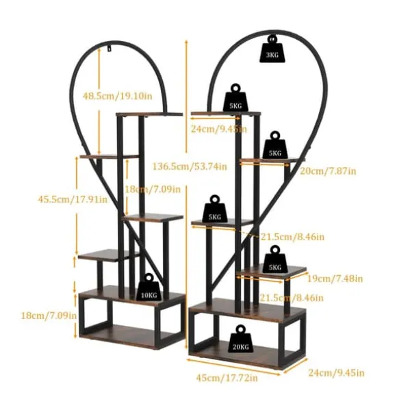 2-pak halvt hjerteformet planteholder i metal, 6-etagers havehylde med kroge, sort, str. S