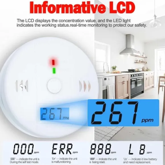 1-pak kuliltealarm med LCD-display, UL2034-standard, egnet til hjemmebrug