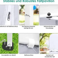 Partytelt Pavillon 3x6 m - Pop up Gazebo - Vandtæt - UV50+ - HDPE med PU-belægning - Aluminiumsramme - Sidevægge medfølger - Hvid