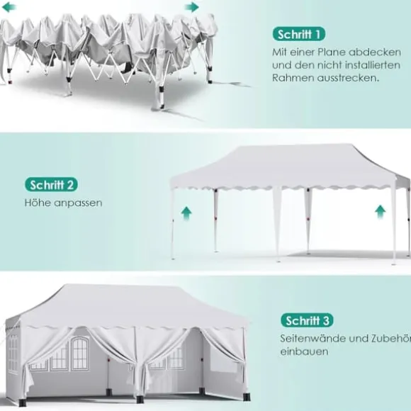 Partytelt Pavillon 3x6 m - Pop up Gazebo - Vandtæt - UV50+ - HDPE med PU-belægning - Aluminiumsramme - Sidevægge medfølger - Hvid
