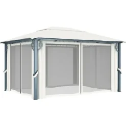 Paviljong med gardin och ljusslinga LED - Eleganta utomhuslösningen | Färg: Gräddvit | Storlek: 4x3 m