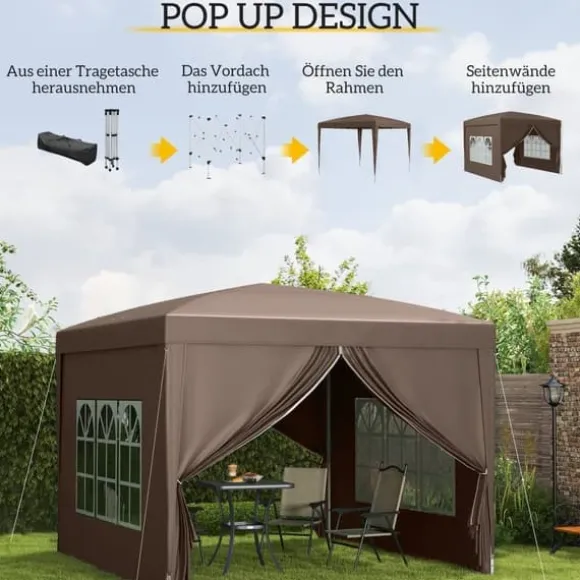 Pavillon ca. 3x3 m pop-up, vandafvisende, vintertålelig, UV-beskyttelse 50+, 4 sidevægge & taske, kaffebrun
