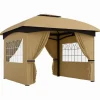 Pavillon ca. 3,4x3,4 m, vandafvisende, 4 sidevægge & dobbelt tag, galvaniseret stel, beige