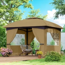 Pavillon ca. 3,4x3,4 m, vandafvisende, 4 sidevægge & dobbelt tag, galvaniseret stel, beige