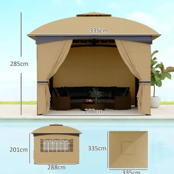 Pavillon ca. 3,4x3,4 m, vandafvisende, 4 sidevægge & dobbelt tag, galvaniseret stel, beige