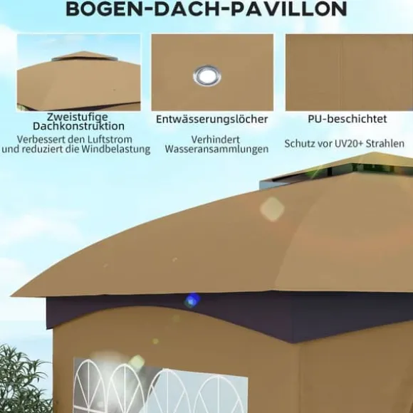 Pavillon ca. 3,4x3,4 m, vandafvisende, 4 sidevægge & dobbelt tag, galvaniseret stel, beige