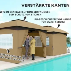 Pavillon ca. 3,4x3,4 m, vandafvisende, 4 sidevægge & dobbelt tag, galvaniseret stel, beige