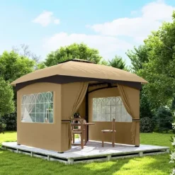 Pavillon ca. 3,4x3,4 m, vandafvisende, 4 sidevægge & dobbelt tag, galvaniseret stel, beige