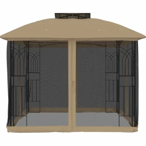 Pavillon med dobbelt tag og meshvægge - Stål | Størrelse: 2,94x2,94 m | Farve: Gråbrun