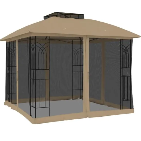 Pavillon med dobbelt tag og meshvægge - Stål | Størrelse: 2,94x2,94 m | Farve: Gråbrun