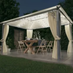 Pavillon med gardin + LED-lyskæder 400x300 cm aluminium creme - Pavillon - Pavilloner - Home & Living
