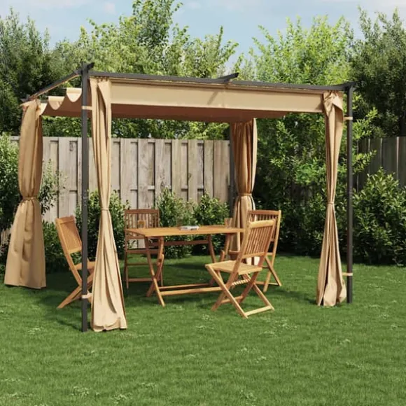 Pavillon med gardiner 3x3 m - Vandafvisende & UV-bestandig | Farve: Gråbrun | Stålstruktur