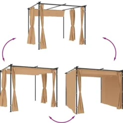 Pavillon med gardiner 3x3 m - Vandafvisende & UV-bestandig | Farve: Gråbrun | Stålstruktur