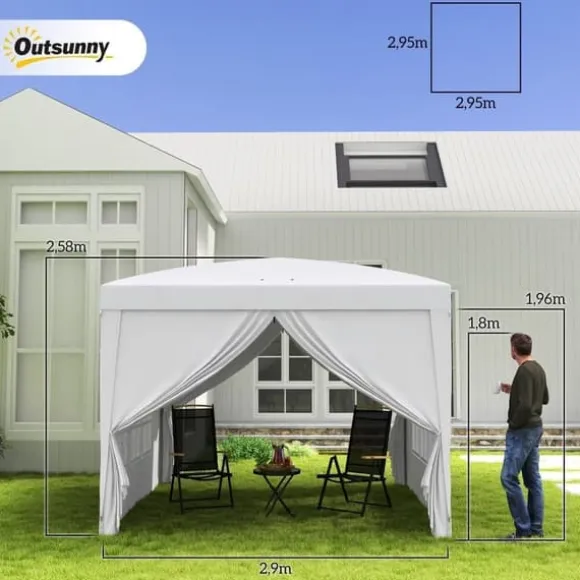 Pavillon 3x3 m med 4 sidevægge & vinduer, UV-beskyttelse, stål/oxford, taske, hvid