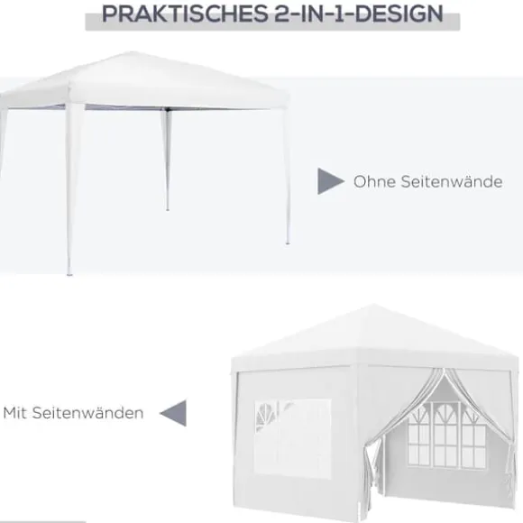 Pavillon 3x3 m med 4 sidevægge & vinduer, UV-beskyttelse, stål/oxford, taske, hvid