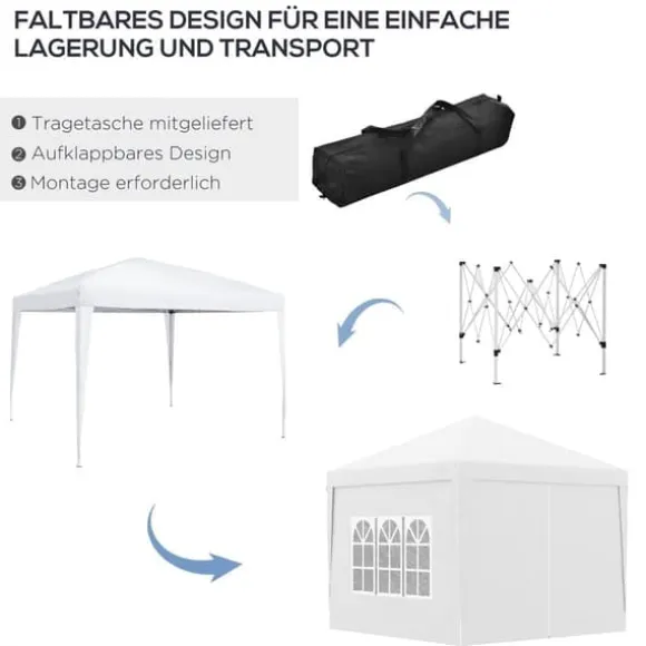 Pavillon 3x3 m med 4 sidevægge & vinduer, UV-beskyttelse, stål/oxford, taske, hvid
