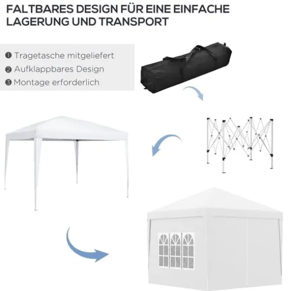 Pavillon 3x3 m med 4 sidevægge & vinduer, UV-beskyttelse, stål/oxford, taske, hvid