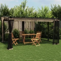 Pavillon 4x3 m med mesh-vægge - Stål | Farve: Gråbrun