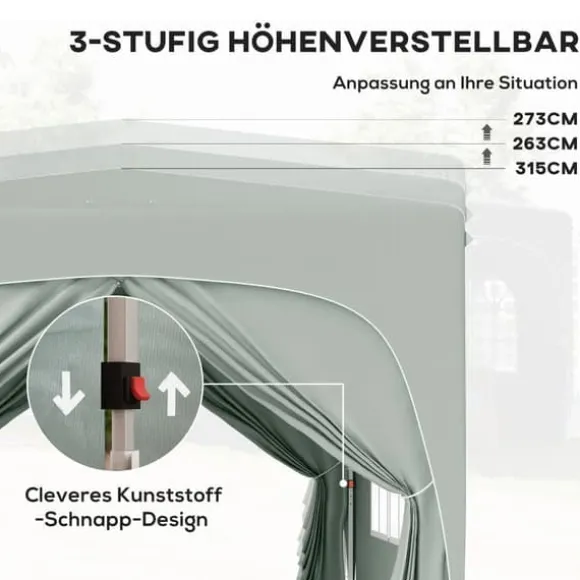 Pavillon 3x3 m pop-up, vandafvisende, vintertålelig, UV-beskyttelse 50+, 4 sidevægge & taske, lysegrå