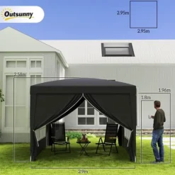 Pavillon 3x3 m, vandafvisende og vinterbestandig pop-up UV-beskyttelse 50+, 4 sidevægge og taske, sort