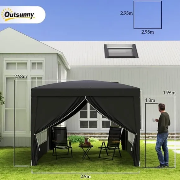 Pavillon 3x3 m, vandafvisende og vinterbestandig pop-up UV-beskyttelse 50+, 4 sidevægge og taske, sort