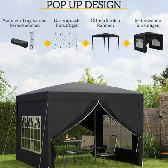 Pavillon 3x3 m, vandafvisende og vinterbestandig pop-up UV-beskyttelse 50+, 4 sidevægge og taske, sort