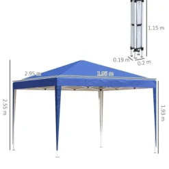 Pavillon 3x3 m, vandtæt og vinterbestandig pop-up med UV-beskyttelse, foldbar, taske, blå