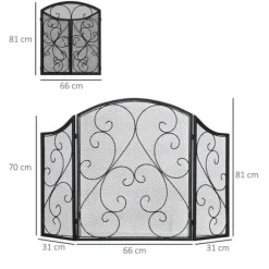 Pejsenet gnistskærm, foldbar 3-panel, vintage, metal, sort