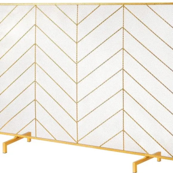 Pejseskærm i enkeltpanel, robust jernnet. Mål: 980(L) x 758(H) mm. Nem installation, fritstående gnistbeskyttelse til moderne stuer.