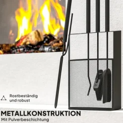 Pejsesæt 5-delt: børste, skovl, ildgaffel, tang og stativ, metal, sort