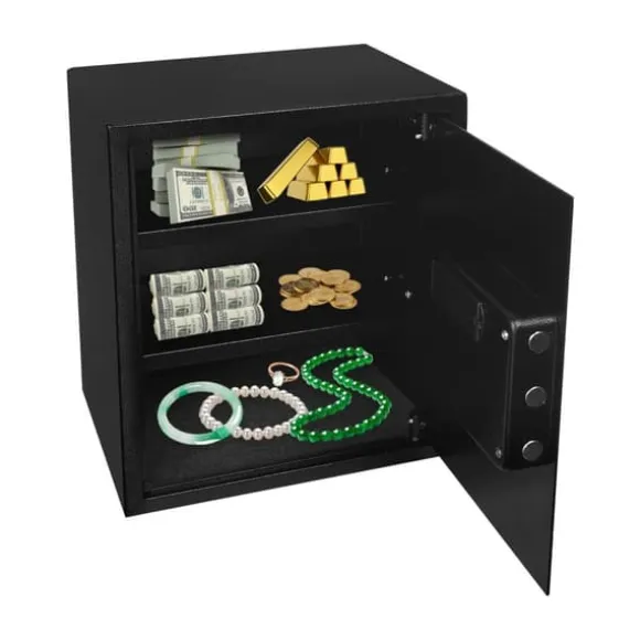 Pengeskab - Elektronisk digital kodelås - Intelligent alarm - Nødnøgler - Tredobbelt tyverisikringslås - 38×31×45 cm - CE-certificeret - Sort