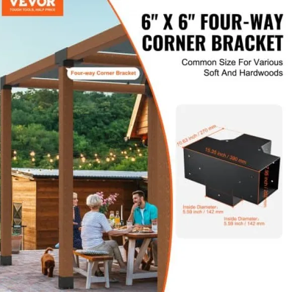 Pergola beslagssæt, 4-vejs hjørnebeslag 2 stk., 14,2x14,2 cm, sort, stål