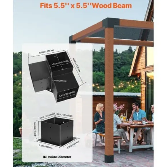 Pergola beslagssæt, 3-vejs hjørnebeslag 142x142 mm, sort, kulstofstål