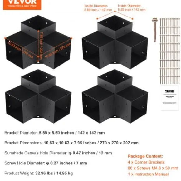 Pergola beslagssæt, 3-vejs hjørnebeslag, 14,2x14,2 cm, sort, stål